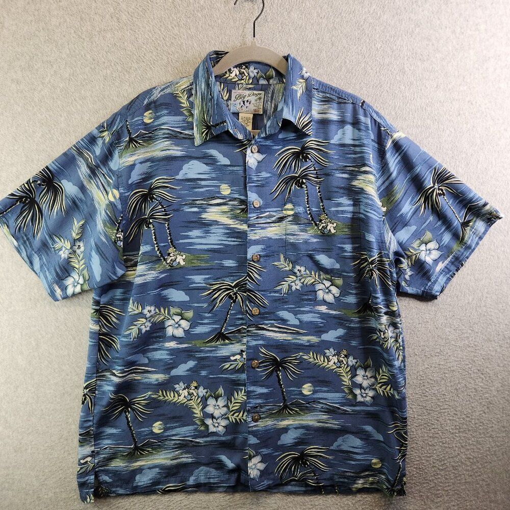 Big Dogs Shirt Mens S/M Blue Hawaiian Palm Tree Island Resortwear Tropical Beach